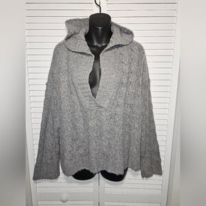 Cozy Gray Hooded V-Neck Cable Knit Sweater